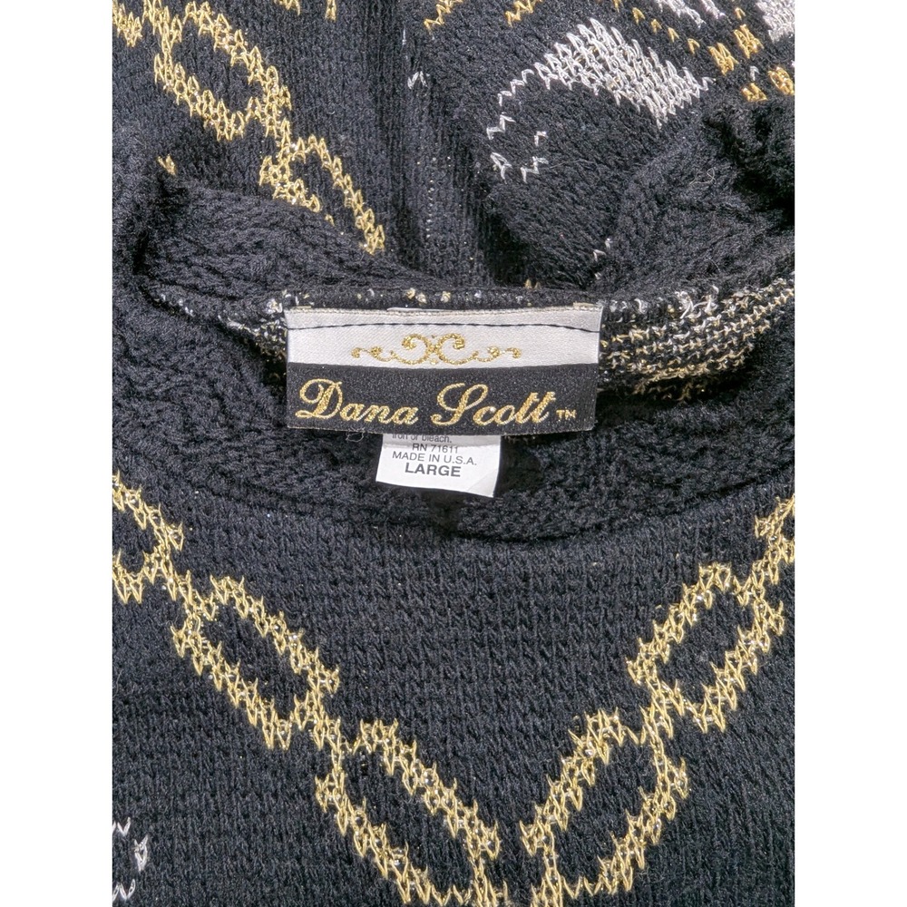 Dana Scott Sweater Large Black Gold Silver Fair Isle Snowflake Holiday‎ Pullover - Picture 3 of 8
